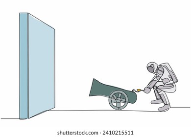 Single continuous line drawing astronaut ignites cannon in front of wall and want to destroy. Future spaceship technology development. Cosmonaut deep space. One line graphic design vector illustration