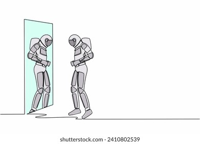 Single continuous line drawing astronaut standing front of mirror and see himself getting big belly and fix his belt. Obesity spaceman. Cosmonaut deep space. One line draw design vector illustration