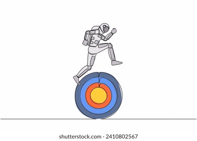 Single continuous line drawing astronaut running on target board in moon surface. Move forward in spaceship tech for galactic expedition. Cosmonaut deep space. One line draw design vector illustration