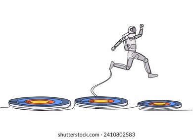 Single continuous line drawing astronaut jumping on bigger target in moon surface. Advancement and achievement in spaceship industry. Cosmonaut deep space. One line graphic design vector illustration