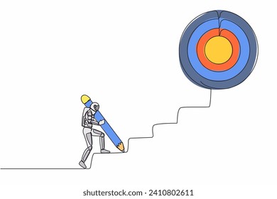 Single continuous line drawing astronaut use huge pencil to draw rising up stairs. Strategy reach space company target. Spaceman career path. Cosmonaut deep space. One line design vector illustration