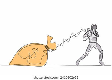 Single continuous line drawing astronaut pulling heavy money bag in moon surface. Big responsibility for funding space shuttle project. Cosmonaut deep space. One line draw design vector illustration