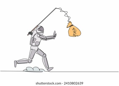 Single continuous line drawing astronaut chasing bait of money bag from himself. Foolishness and stupidity in spaceship company funding. Cosmonaut deep space. One line draw design vector illustration