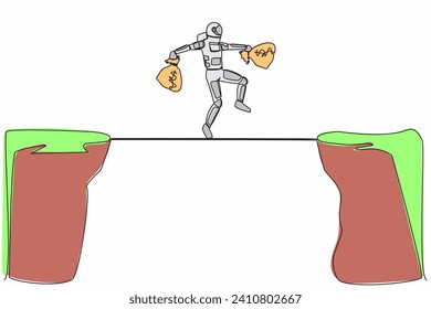 Single continuous line drawing astronaut walk over cliff gap mountain carry two money bag. Risking and dangerous in space expedition. Cosmonaut deep space. One line graphic design vector illustration