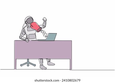 Single continuous line drawing astronaut being punched by boxing gloves from computer laptop at working desk. Cyberbullying concept. Cosmonaut deep space. One line graphic design vector illustration