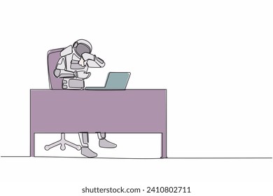 Single continuous line drawing astronaut crying while wiping tears using tissue at working desk. Failed in spaceship engineering. Cosmonaut deep space. One line draw graphic design vector illustration