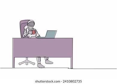 Single continuous line drawing astronaut relaxed at desk and drink cup of coffee. Take break after exploring outer space planets. Cosmonaut deep space. One line draw graphic design vector illustration