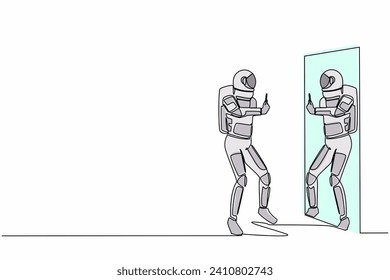 Single continuous line drawing astronaut in spacesuit taking selfie in front of mirror. Addiction on smartphone and internet satellite. Cosmonaut deep space. One line draw design vector illustration
