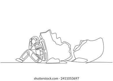 Single continuous line drawing astronaut sit slump next to a large, destroyed big piggy bank. There is no financing of space expeditions. Failed mission. Cosmonaut. One line design vector illustration