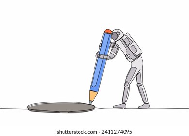 Single continuous line drawing astronaut making circle of holes with large pencil. Spaceship business cheating with making hole trap. Cosmonaut deep space. One line graphic design vector illustration