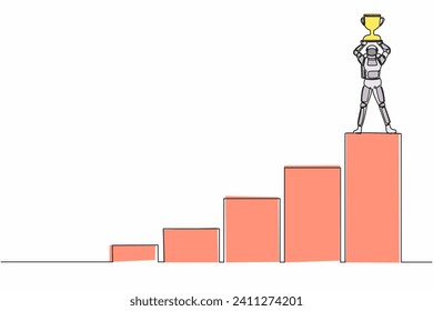 Single continuous line drawing astronaut climb graph staircase to reach and lifting up trophy. Successful in interstellar spaceship journey. Cosmonaut deep space. One line design vector illustration