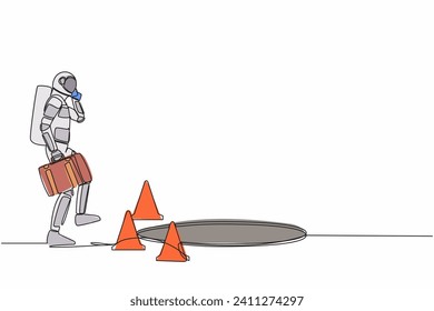 Single continuous line drawing astronaut talking on smartphone and he does not see the hole in front. Spaceman walks to space business trap. Cosmonaut deep space. One line design vector illustration