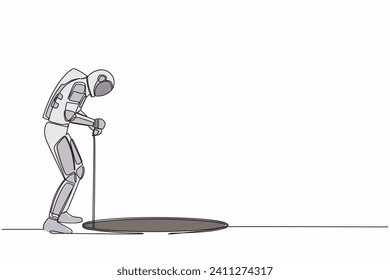 Single continuous line drawing of astronaut stretch out rope into hole. Spaceman wondering and looking at hole. Spaceship exploration. Cosmonaut deep space. One line graphic design vector illustration
