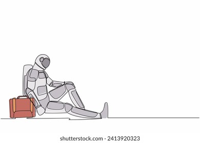 Single continuous line drawing astronaut with briefcase sitting in despair on the floor. Sad expression due to planet discovery failure. Cosmonaut deep space. One line draw design vector illustration