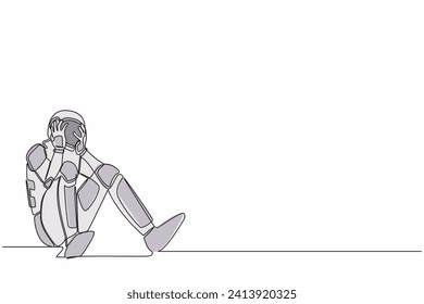 Single continuous line drawing of astronaut sitting on the floor with holding his head. Feeling sad due to spacewalk project failure. Cosmonaut deep space. One line graphic design vector illustration