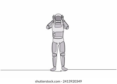 Single continuous line drawing of astronaut has headache, hands on his head, migraine, pain head due to spacecraft company bankruptcy. Cosmonaut deep space. One line graphic design vector illustration