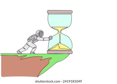 Single continuous line drawing astronaut pushes giant hourglass over the edge of a cliff. Without a deadline, the expedition on the lunar surface was extended. One line design vector illustration