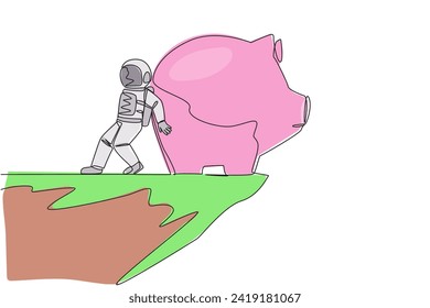 Single continuous line drawing astronaut pushed giant piggy bank down with his back from the edge of the cliff. Failed to save, the piggy bank is always empty. One line design vector illustration