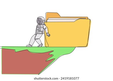 Single continuous line drawing astronaut push giant folder icon down with back from the edge of cliff. Destroy the material in the archive. Cosmonaut outer space. One line design vector illustration