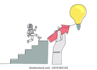 Single continuous line drawing astronaut climbs ladder, one of the steps in the shape of an arrow held in a large hand. Great teamwork reaching for lightbulb. One line design vector illustration