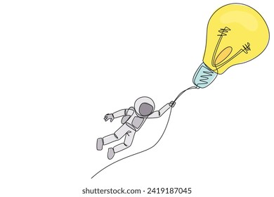 Single continuous line drawing astronaut holding on to a flying lightbulb. Expeditions that depend on the best ideas and innovations. Cosmic galaxy deep space. One line design vector illustration