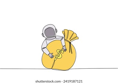 Single continuous line drawing astronaut hugging money bag. The expedition team return to earth. Astronauts received fee that beyond expectations. Rich astronaut. One line design vector illustration