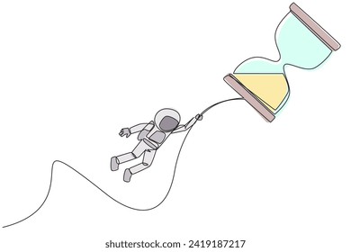 Single continuous line drawing astronaut holding on to flying hourglass. Natural fly. Fly free. Anti gravity. Cosmic galaxy deep space. Cosmonaut and spaceflight. One line design vector illustration