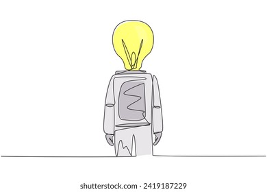 Single continuous line drawing astronaut with lightbulb instead of head, stand facing forward. The concept of astronaut's head is filled with many brilliant ideas. One line design vector illustration