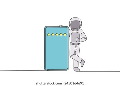 Single continuous line drawing astronaut stands casually next to a large smartphone, other hand giving a thumbs up gesture. Give review five star. Cosmonaut deep space. One line vector illustration