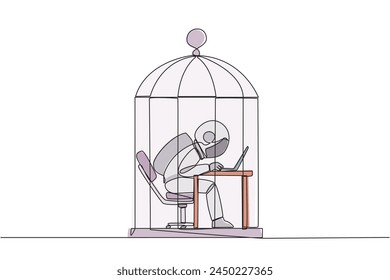 Single continuous line drawing astronaut trapped in the cage working on laptop computer. Plan to take annual leave to get away from routine. Workaholic. Overtime. One line design vector illustration
