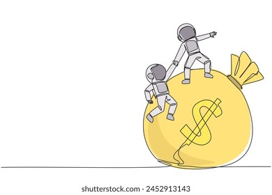 Single continuous line drawing astronaut helps colleague to climb big money bag. Collaborate to gain mutual benefit. Stronger together. Great teamwork. Cohesive. One line design vector illustration