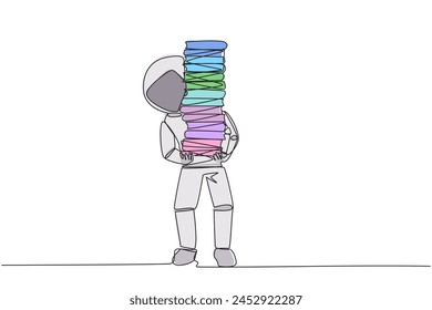 Single continuous line drawing astronaut carrying tall stack of books covering itself. Newly purchase book from bookstore. Read books one by one at home. Reading. One line design vector illustration