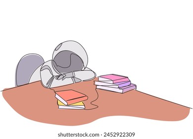 Single continuous line drawing astronaut asleep at table where there were piles of books. Tired after successfully finish favorite reading book. Love reading. One line design vector illustration