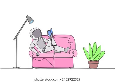 Single continuous line drawing astronaut sitting stretched out on sofa reading book. Really like content of the book reading on each page. Impressive. Love read. One line design vector illustration