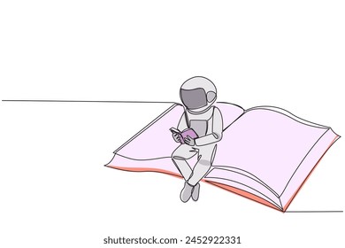 Single continuous line drawing astronaut sitting reading on a large flying book. Relax reading like on a carpet flying into the sky. Cosmic galaxy outer space. One line design vector illustration