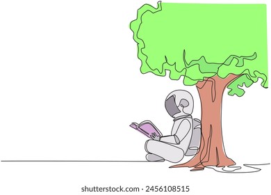 Single continuous line drawing astronaut sitting reading book under shady tree. Continuing second volume of the fiction story book. Enjoy reading. Book festival. One line design vector illustration