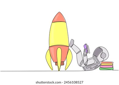 Single continuous line drawing astronaut lying on back while reading a book. Eliminate nervous by relaxing by reading a fiction book. Very good habit. Space book festival. One line vector illustration