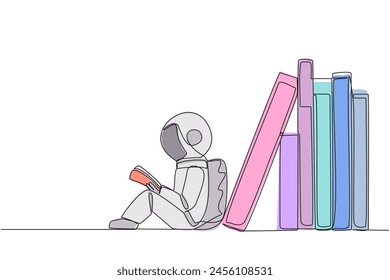 Una sola línea continua dibujando astronauta leyendo sentado apoyado en una pila de libros. El hábito de leer un libro todos los días. Biblioteca. Buen hábito. Concepto de festival del libro. Ilustración vectorial de diseño de una línea
