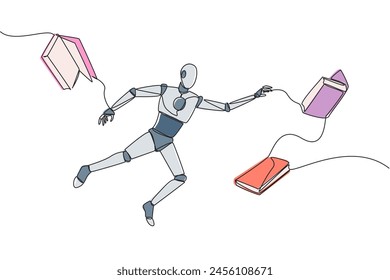 Ein durchgehender Linien zeichnender Astronaut, der im Weltraum schwebt und versucht, Bücher aufzunehmen. Keine Schwerkraft lässt sie schweben. Basis Weltraumwissen. Tech Book Festival Konzept. Einzeilige Design-Vektorillustration