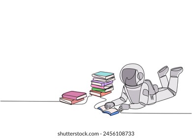 Single continuous line drawing astronaut really likes reading. Everyday one book is read. Good habit. There is no day without reading book. Book festival concept. One line design vector illustration