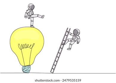 Single continuous line drawing astronaut kicks opponent who climbing the lightbulb with a ladder. Dropping colleague because don't have bright ideas. The traitor. One line design vector illustration