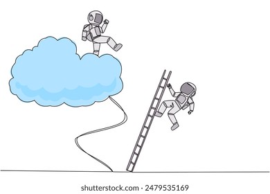 Single continuous line drawing astronaut kicks opponent who climbing the cloud with a ladder. Perfect achievement in business. Bring down competitors in any way. One line design vector illustration