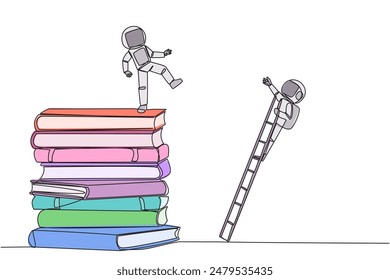 Single continuous line drawing astronaut kicks opponent who climbing a pile of books with a ladder. Failed to gain access to profitable business principles. Rival. One line design vector illustration