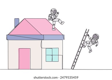 Single continuous line drawing astronaut kicks opponent who climbs a miniature house with the stairs. Metaphor of fraud committed by house developers. Bad business. One line design vector illustration