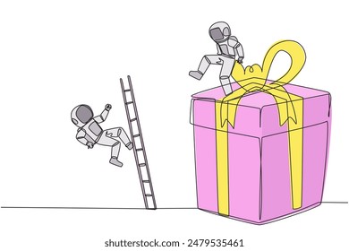 Single continuous line drawing the astronaut kicks opponent who is climbing the gift box with the ladder. Competition justifies any means to get rewards. The rival. One line design vector illustration