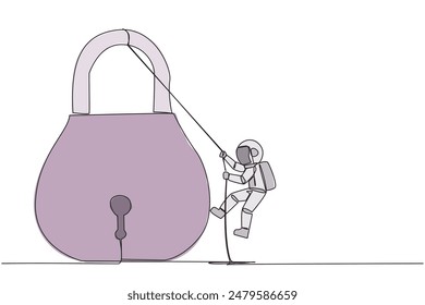 Einzelne durchgehende Linie Zeichnung Astronaut Kletter Vorhängeschloss mit Seil. Das Beste tun, um das Unternehmen zu privatisieren. Alleiniger Eigentümer. Das Ergebnis intelligenter harter Arbeit. Zufrieden. Einzeilige Design-Vektorillustration