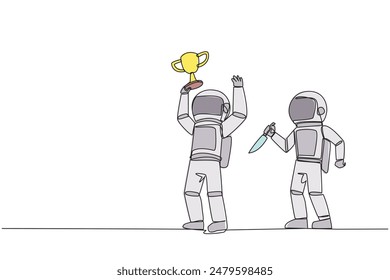 Single continuous line drawing the astronaut standing lifting trophy. Business friends prepare to stab in the back. Unhealthy business competition. The traitor. One line design vector illustration