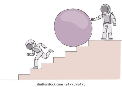 Single continuous line drawing the astronaut running down stairs avoiding big ball. Attacked by business friends. Traitor in business. Cheating in business. Betray. One line design vector illustration