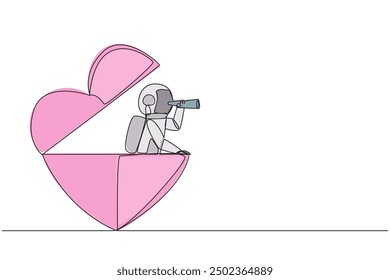 Single continuous line drawing astronaut emerges from heart shape look for something with binoculars. Strong determination to get married after returning from expedition. One line vector illustration