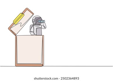 Single continuous line drawing astronaut emerges from clipboard looking for something through binoculars. List expedition needs. Create reports for research. One line design vector illustration